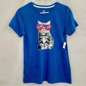 Way to Celebrate Women’s Patriotic Cat Blue Short Sleeve Tee Size: S NWT